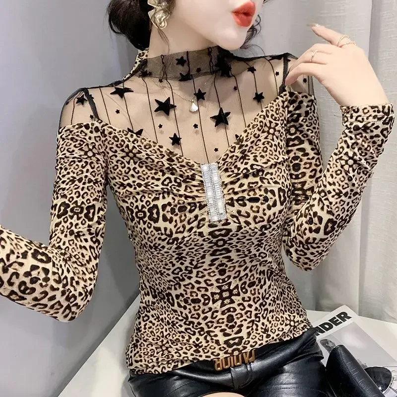 

Luxury Chic Mesh Patchwork T-Shirt Slim Sexy Tops Long Sleeve Women Clothing Trend Spring Autumn Shiny Bottom Shirts Outerwear