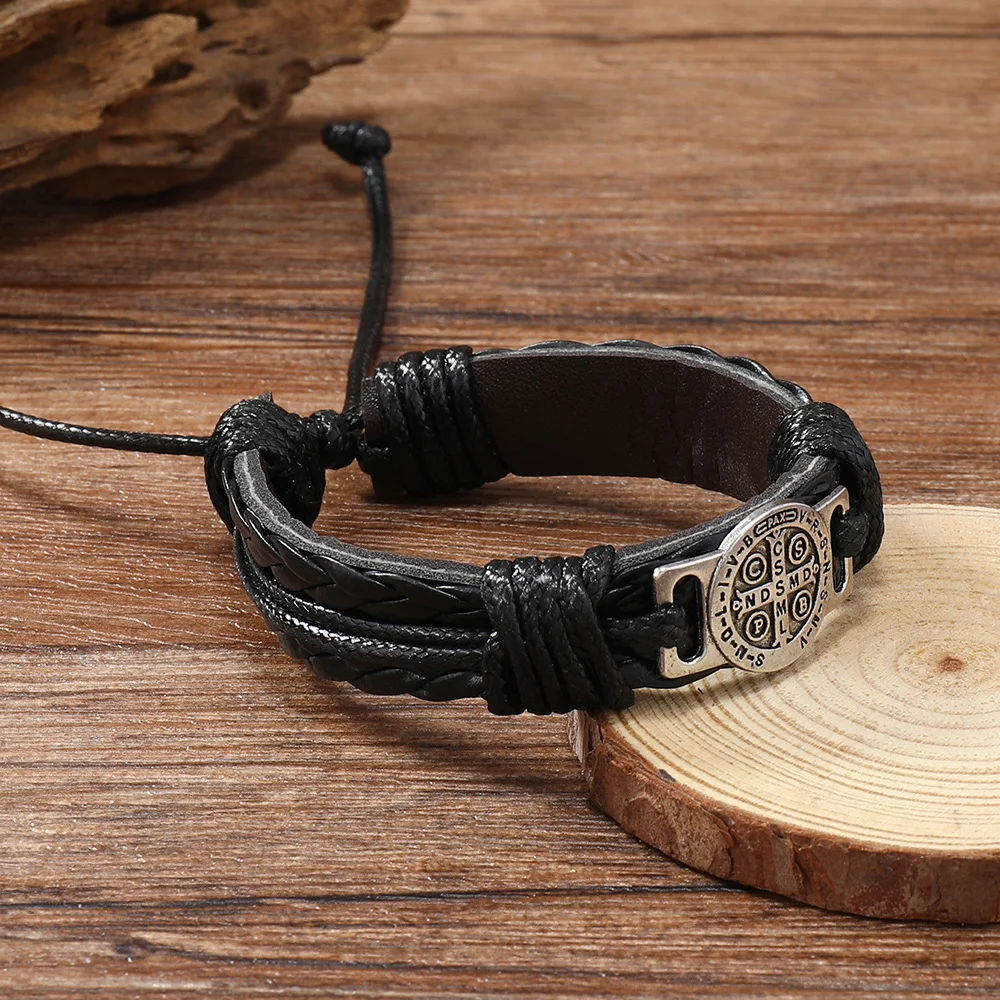 Vintage Handmade Braided Leather Bracelets For Men Myth Cross Scripture Retro Lace-Up Punk Style Leather Bracelet Accessory Gift
