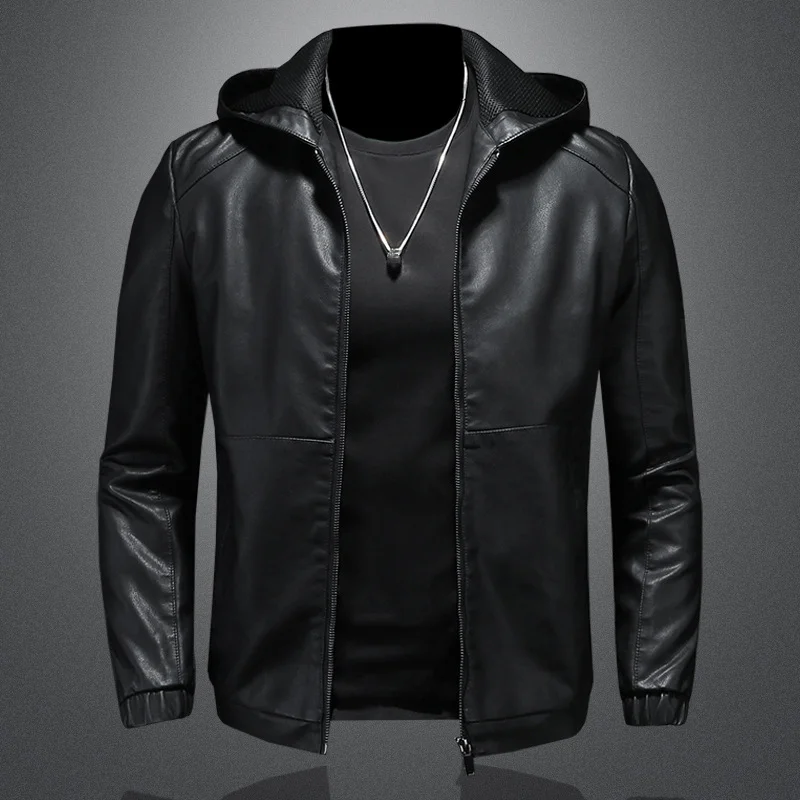 

Autumn Men's Hooded Pu Leather Jacket Fashion Black Motorcycle Leather Coats High Quality Casual Streetwear Zipper Outerwear Man