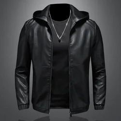 Autumn Men's Hooded Pu Leather Jacket Fashion Black Motorcycle Leather Coats High Quality Casual Streetwear Zipper Outerwear Man
