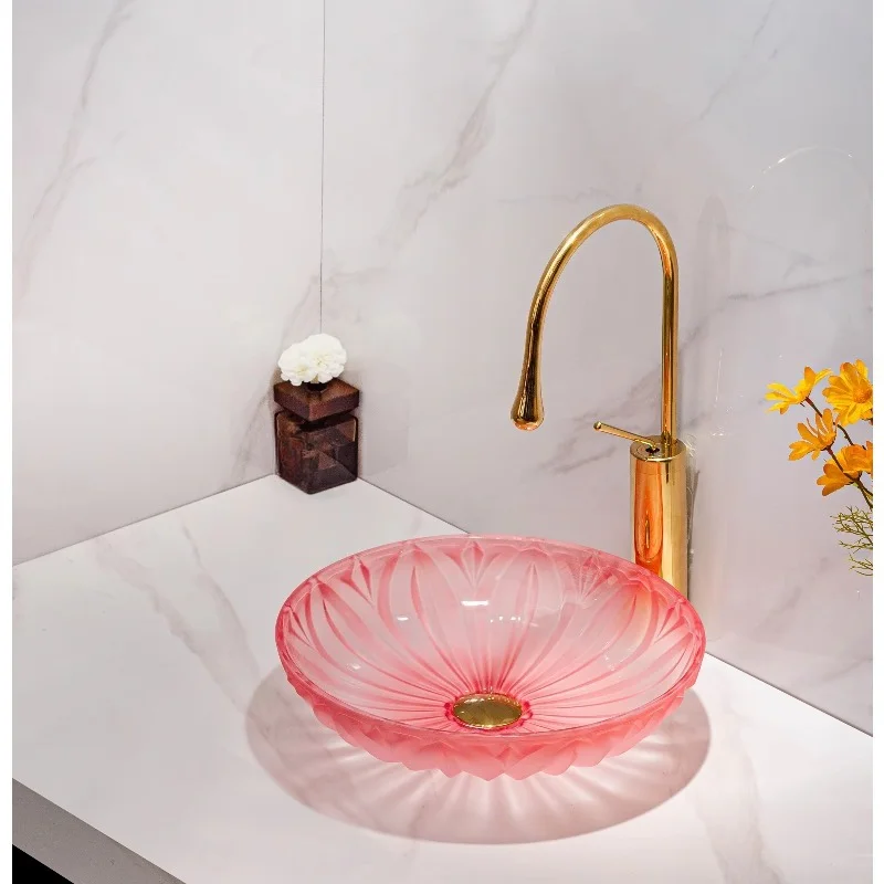 Glass round single bowl countertop bathroom wash basin rainbow/light pink easy to clean smooth surface 12 liters capacity
