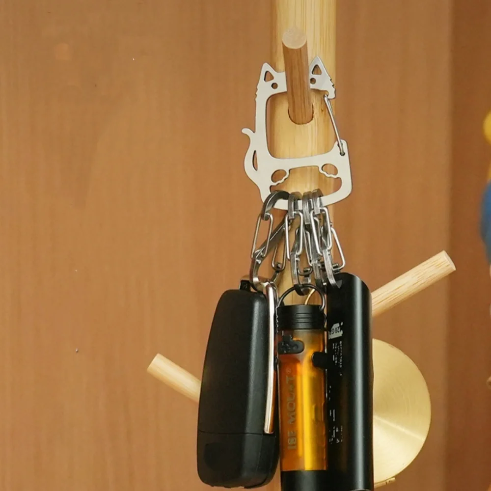 Cat Shaped Stainless Steel Keychain Camping Mountaineering Buckle with Four Hanging Hooks Portable Carabiner Clip Accessories