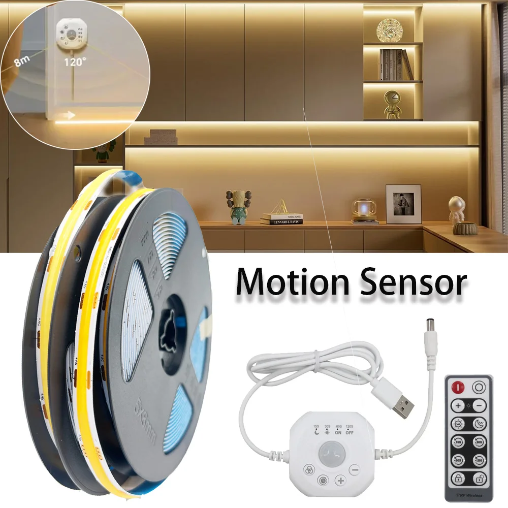 USB Motion Sensor COB Led Light Strip Auto ON/OFF Warmwhite Dammable Remote Control for Cabinet Wardrobe Kitchen Stair Backlight