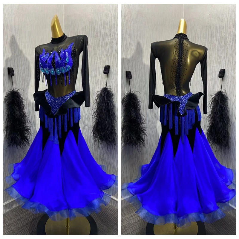 Ballroom Dance Dress black velvet ballroom dance Costume sexy design Stand dance costume modern dancing dress see through mesh