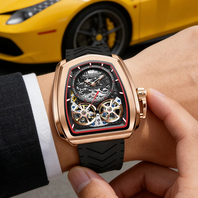 Double Flying Wheel Hollow Watch Men's Double Flying Skeleton Luxury Irregular Automatic Mechanical Stainless Steel Silicone view 3