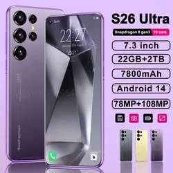 Original s26 ultra smartphone 5g 7.3 polegadas hd 22g + 2tb telefone celular duplo sim telefones celulares 78 + 108mp 7800mah android 14 desbloqueado nfc