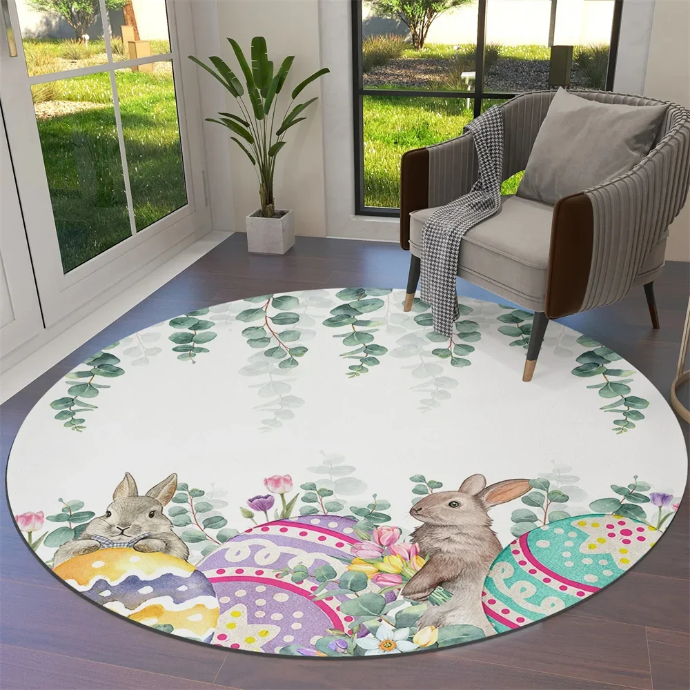 Cartoon Bunny Print Round Carpet Easter Egg Circle Area Rug for Living Room Bedroom Table Chair Sofa Decor Non-slip Floor Mats