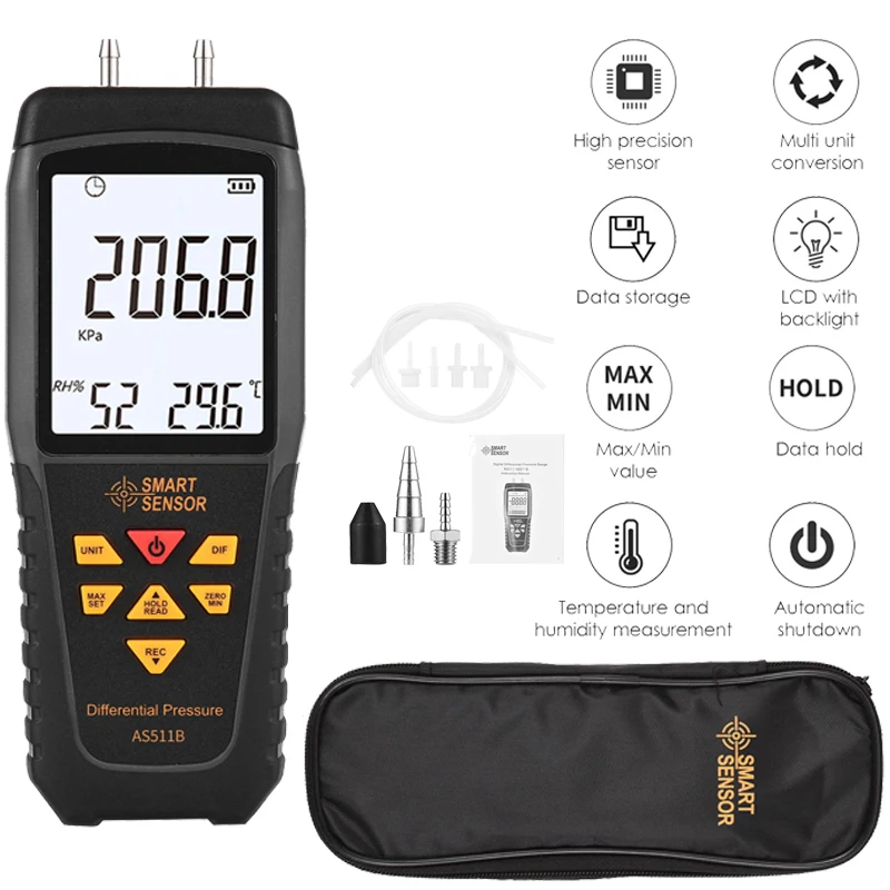 AS511/AS511B Digital Pressure Gauges Manometer Air Pressure Gauge Differential Natural Gas Pressure Meter Measurement