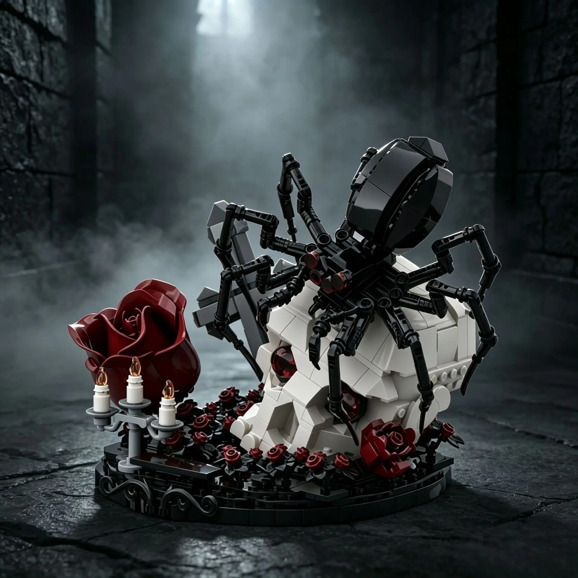 MOC Gothic Spider Skull Rose Building Bricks Toys Halloween Skull Spider Candlestick Decor Blocks Model Compatible With LEGO
