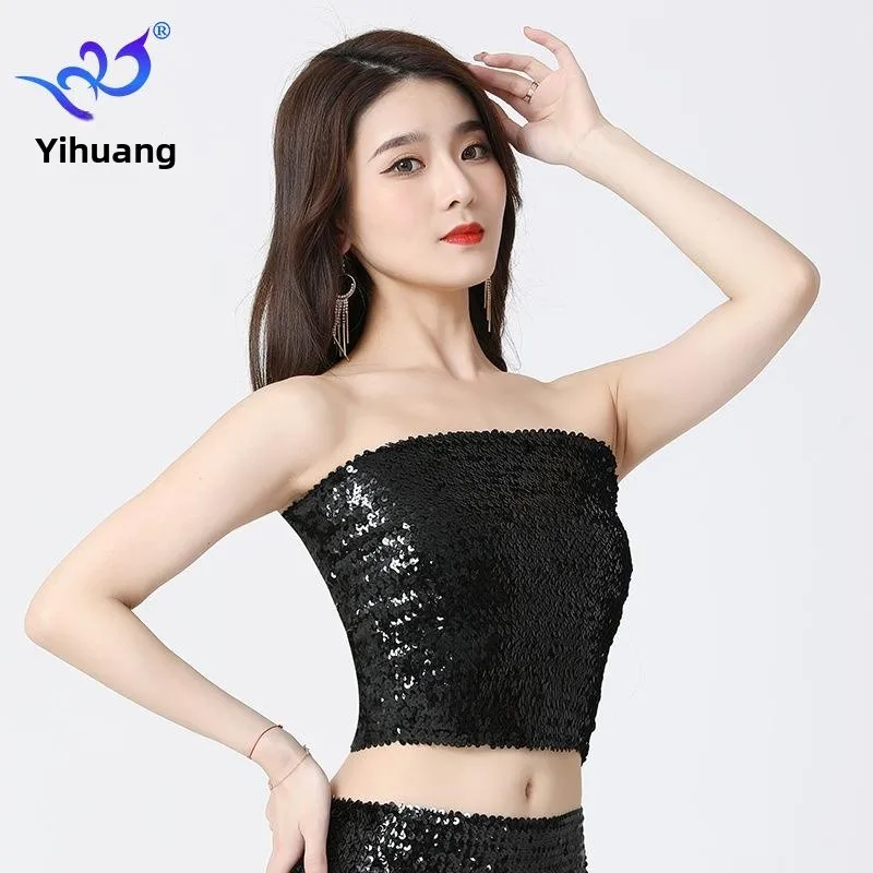 

Блестящий топ с пайетками для выступлений, сценический костюм для ночного клуба, эластичный бюстье-бандо для выступлений, женская модная одежда