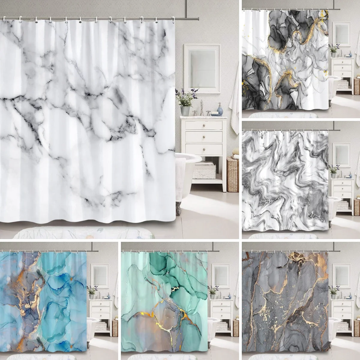 Marble Natural Luxury Abstract Fluid Texture Shower Curtain Free Flowing Metal Swirl Texture Fabric Bath Curtains Bathroom Decor
