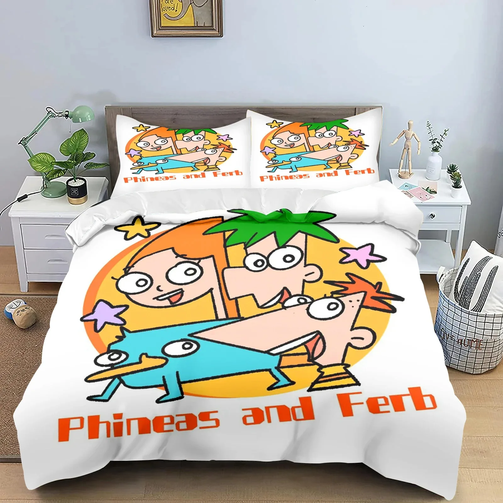 

Phineas and Ferb Quilt Cover, Cartoon Printed Polyester Duvet for Children Bedroom, Anime, Cozy Room Bedding, Various Sizes
