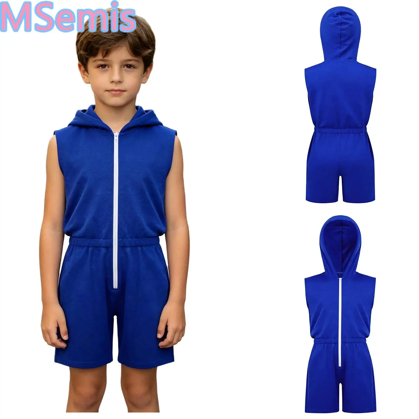 

Kids Boys Girls Sleeveless Zipper Hooded Jumpsuit Sports Casual Clothes Elastic Waist Thigh Length Bodysuit for School Holiday