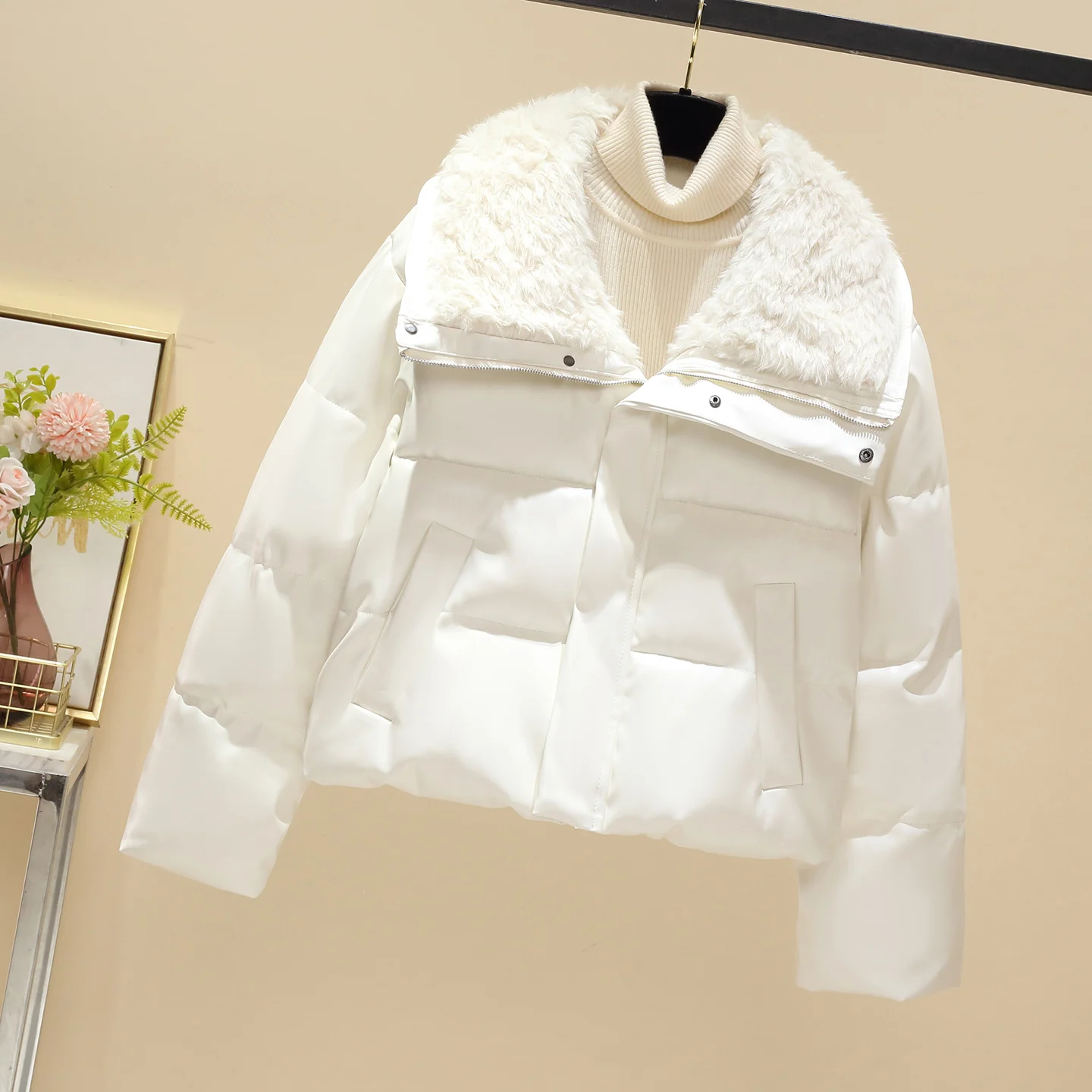 

Pu Leather Cotton-padded Jacket for Women Winter New American Style High Street Lapel Coats Fashion Plush Long Sleeve Warm Tops