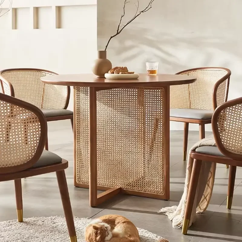 Creative Rattan Woven Solid Wood Table Wabi-Sabi Wind Small Apartment Household Round Dining Table YP340