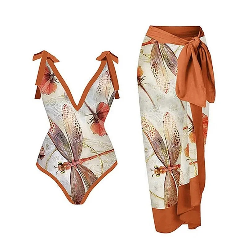 2026 Orange Dragonfly Print Two Piece Chiffon Swim Dress Tummy Control Ladies Pool Beach Cover Up Wholesale Outfit
