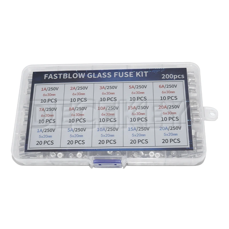 200pcs Fast Blow Glass Fuses Assortment Kit 15 Values Auto Fuses Assortment Kit 250V 5x20mm & 6x30mm Glass Tube Fuses