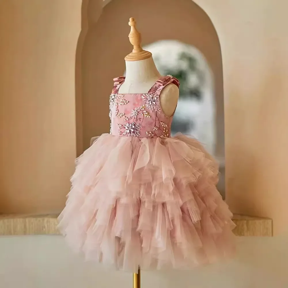 Baby Girls Princess Beading Evening Dress Children Bow Tutu Wedding Ball Gown Kids Luxury Infant Birthday Party Dresses