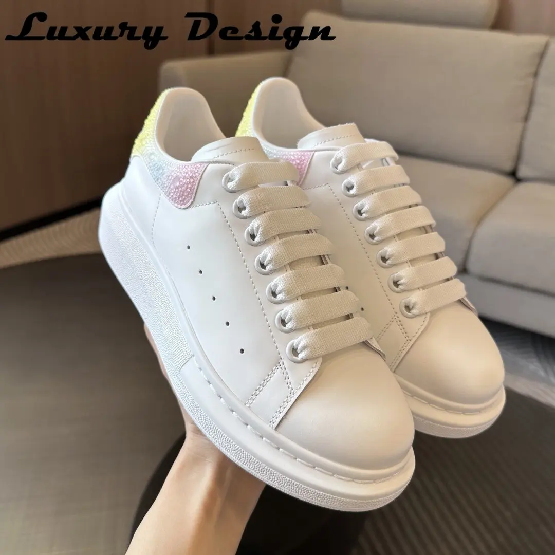 Luxury Rhinestone Sneakers Women Thick Sole Leisure Shoe Unisex Brand Trainer Man Mixed Colors Crystal Genuine Leather Designer