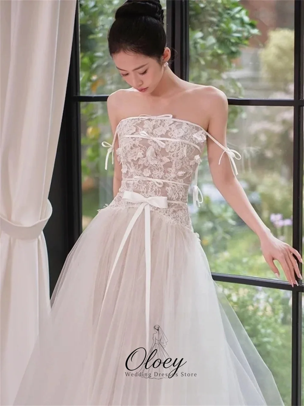 OLOEY Simple Spaghetti Strap Bow Korea Wedding Photo Shoot Dress Tulle A-Line Lace Applique Reception Dress Customized 컬러 웨딩드레스