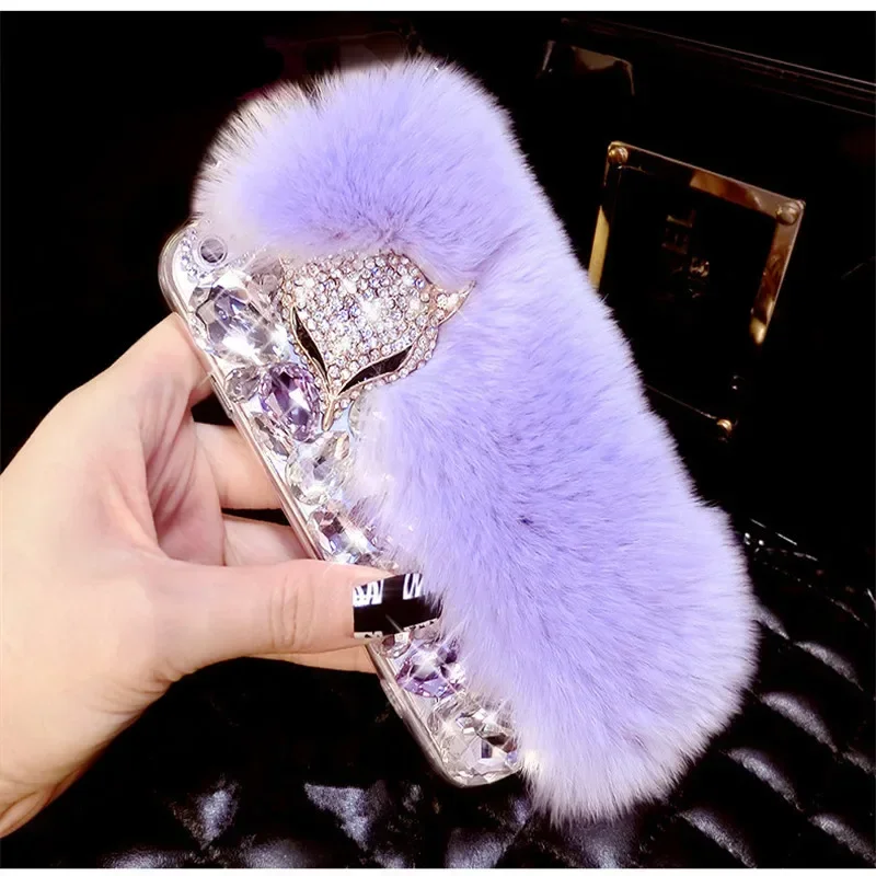 LaMaDiaa-Luxury Bling Diamond Soft Fur Case, Fox Head Phone Case for iPhone, 15Plus, 14, 16, 12, 13 Pro Max, XR, XS, 15, 16Plus