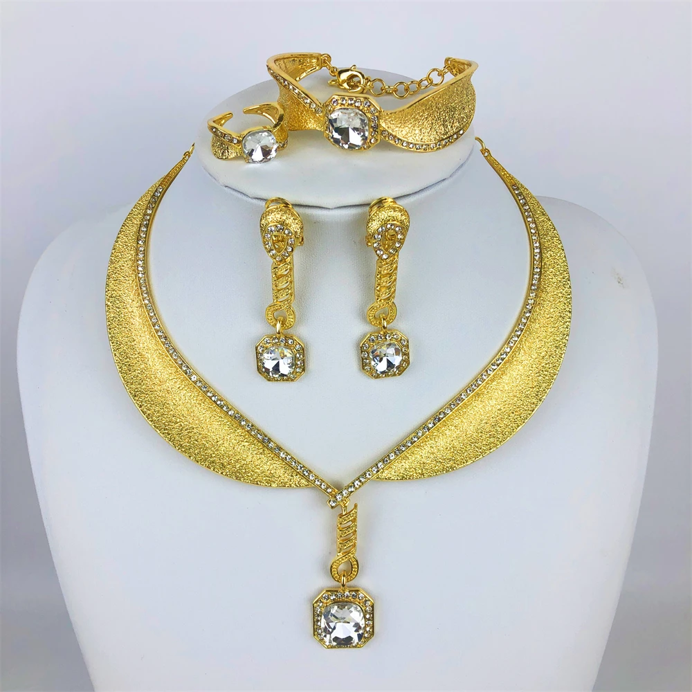 ESALE Classic Design Women Jewelry Set 18K Gold Plated Square Pendant Necklace Earrings Bracelet Ring 4PCS Set Jewelry Party