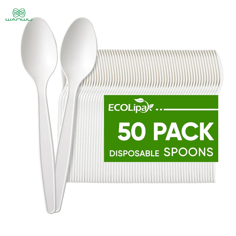 50-pack, 7-inch biodegradable disposable cutlery spoon, heavy-duty biobased CPLA cutlery for parties, barbecues and picnics