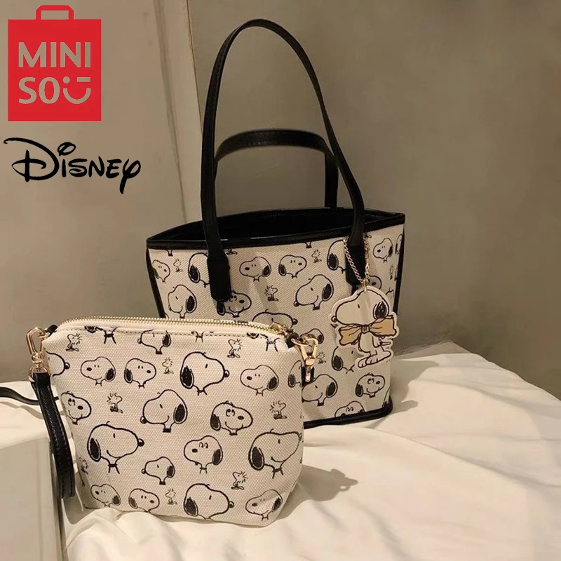 MINISO Disney Snoopy Tote Bag Cartoon Print Cute Handbag Large Capacity Bucket Bag Shoulder Bag Mother Bag Zero Wallet