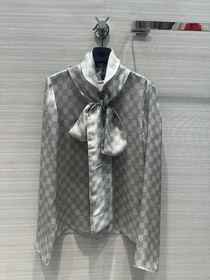 

2024 Early Spring New Grey Checkered Bow Tie High Collar Silk Loose Long sleeved Shirt woman top