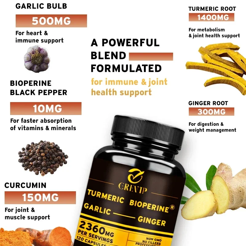 4-in-1 Supplement with Turmeric, Garlic, Ginger Root and Black Pepper - for Joint, Digestive and Immune Support