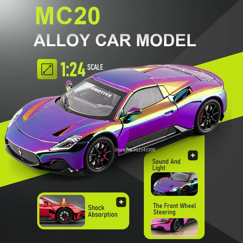 

Масштабная модель автомобиля MC20 1:24 со звуком и светом, с функцией поворота передних колес, спортивный автомобиль с амортизацией, открывающиеся двери, коллекционная модель для мальчиков