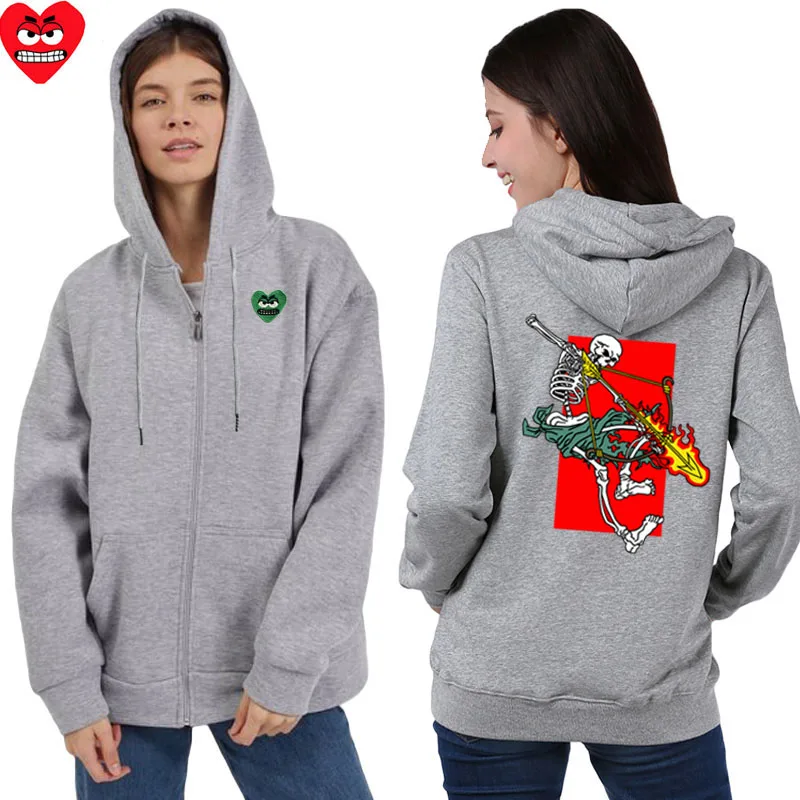 Brechen Ei Frauen Zipper Hoodie Baumwolle Cartoon Zähne Stickerei Skelett Bogen Pfeil Druck Tasche Lose Wolle Herbst Casual Hoodie