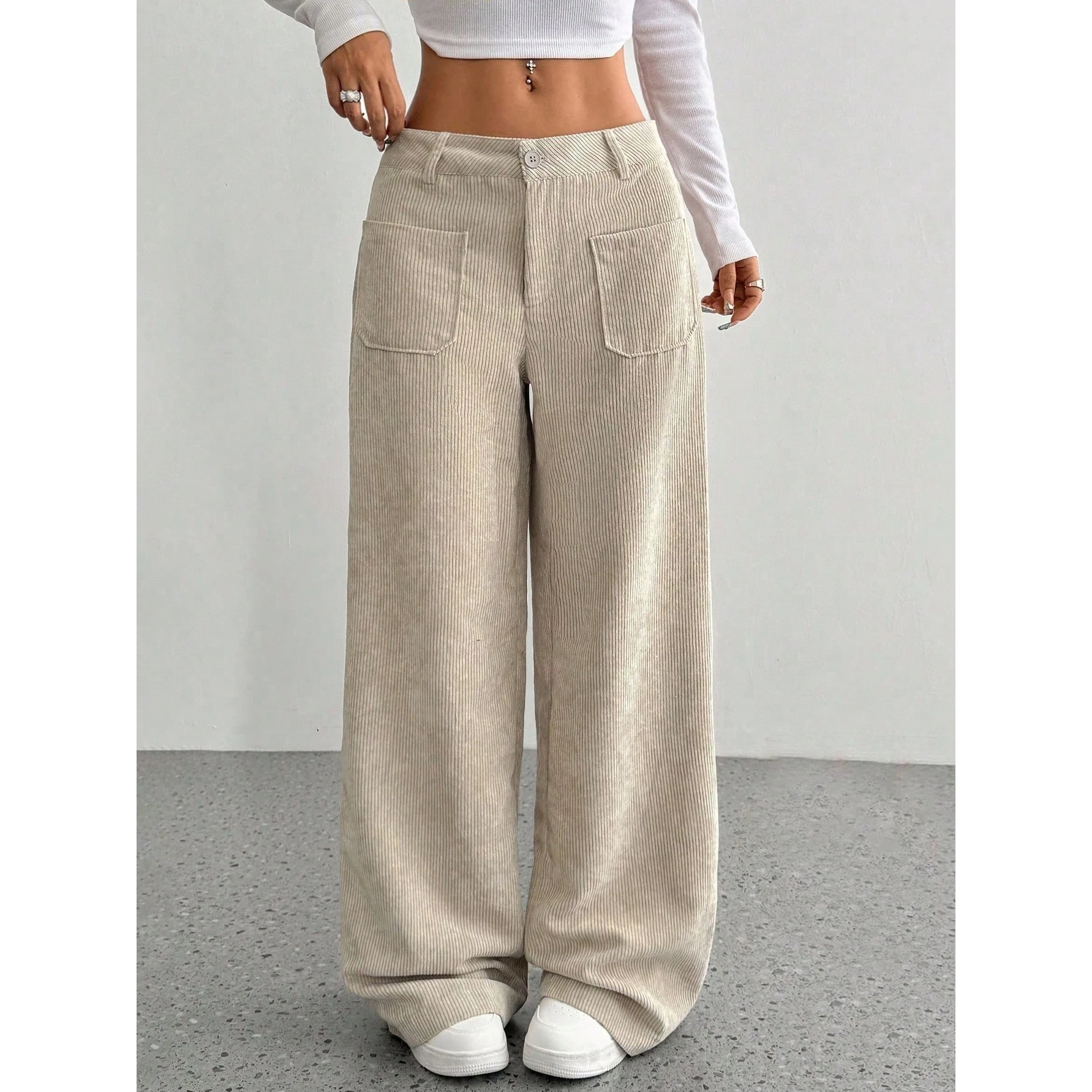 Casual Wide Leg Pants Floor-Length Pocket Pure Color Loose Fit Women's Cross-Border Leisure Trousers Low Waist Velvet