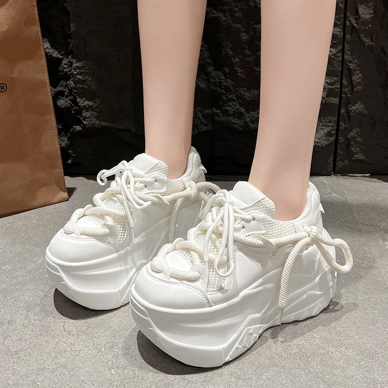 9.5CM Women Thick Leather Sneakers New Autumn High Platform Dad Shoes Women Casual Trainer Sneakers Thick Sole Vulcanize Shoes