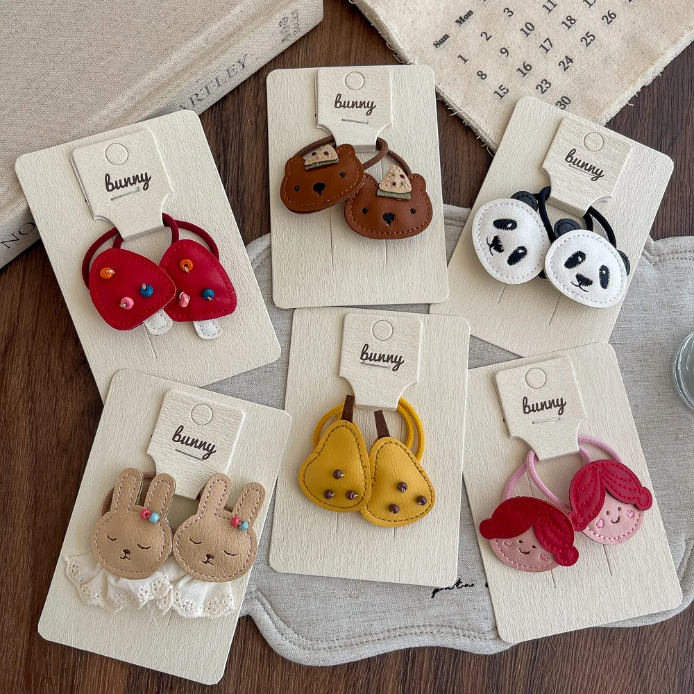 2pcs Children's Leather Hair Rope Tie Cartoon Rabbit Bear Panda Elastic Hair Band Rubber Band Ponytail Holder Hair Accessories