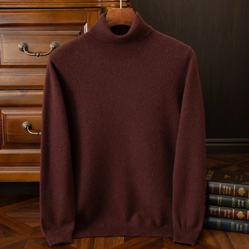 Luxury Autumn Winter Smart Casual Cashmere Knit Tops Men's 100% Cashmere Pullover Sweater Turtleneck Long Sleeve Thick Pullover