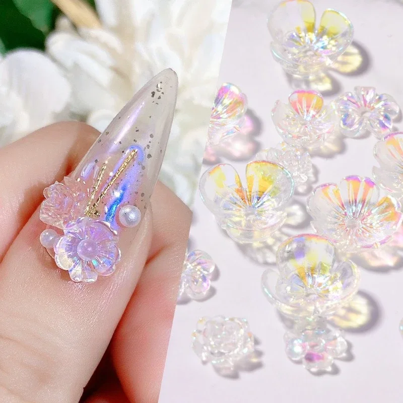 10pcs translucent 3D flower nail charms mixed pack, popular stereo appliques for gorgeous nail polish decorative embellishments