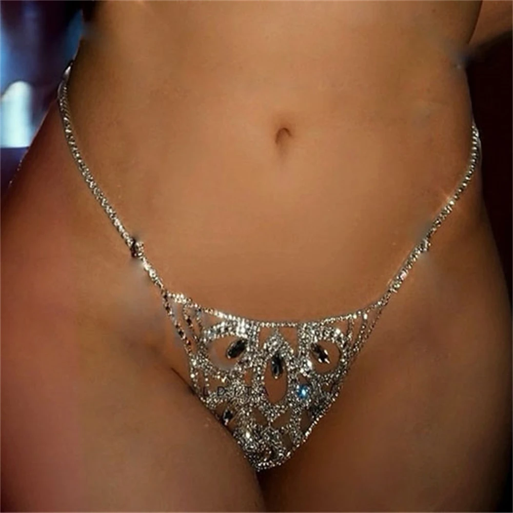 Sexy Leaf Underwear Body Chain Crystal Thong Bikini Jewelry for Women Luxury Bling Rhinestone Panties Lingerie Waist Chain