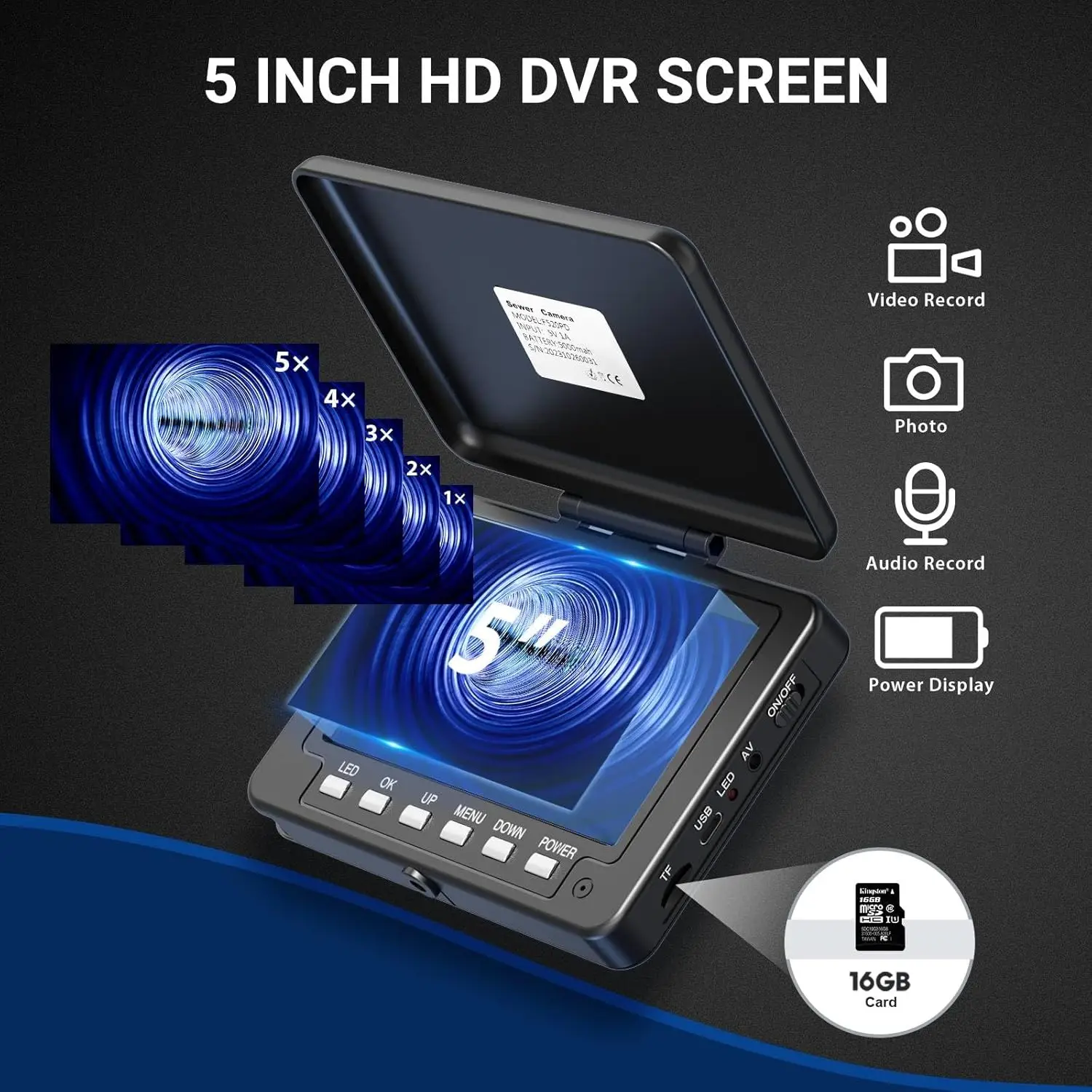 5 "rioolcamera DVR 16 GB video-opname, pijpinspectie-endoscoop waterdicht 23 mm met 512 Hz 5000 mAh batterij 5 mm 20/30/50 m