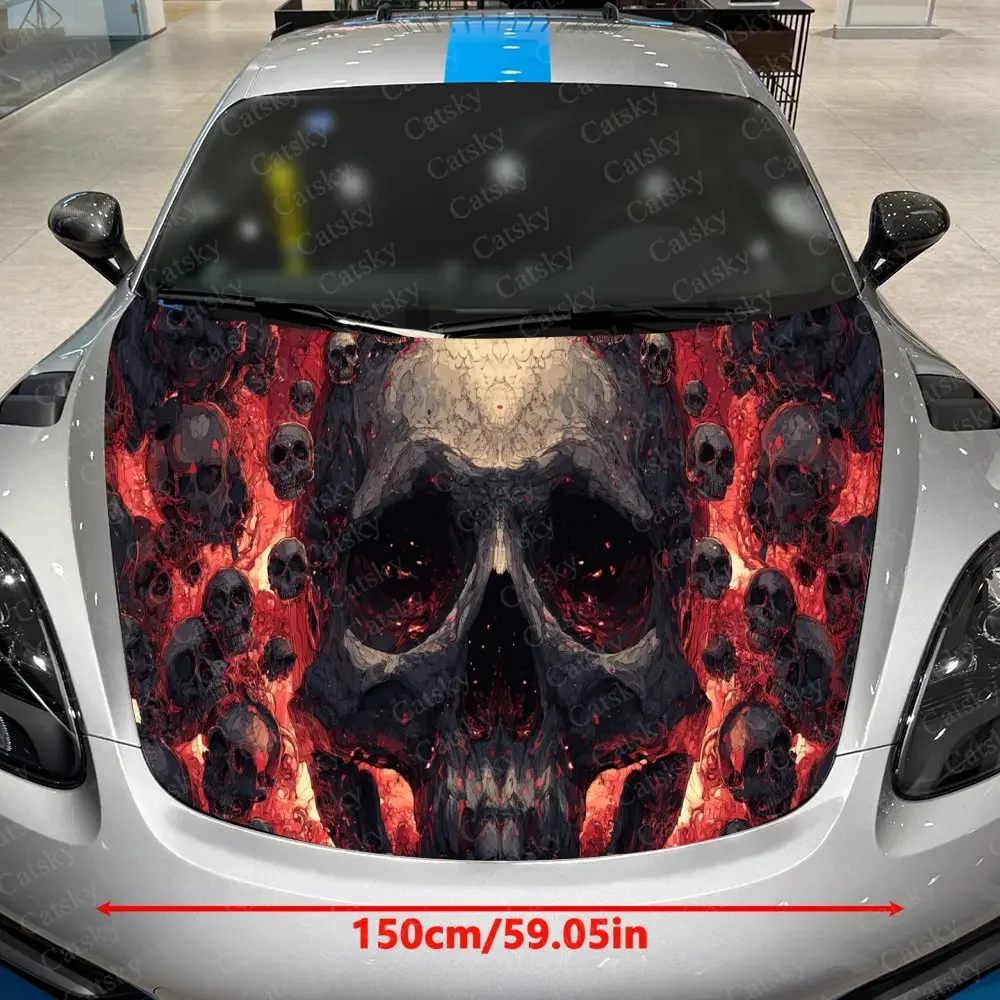 Fire Skull Cluster Pattern PVC Car Hood Wraps, Self-Adhesive Waterproof Car Bonnet Decal Sticker, Car Decoration Protection Stic