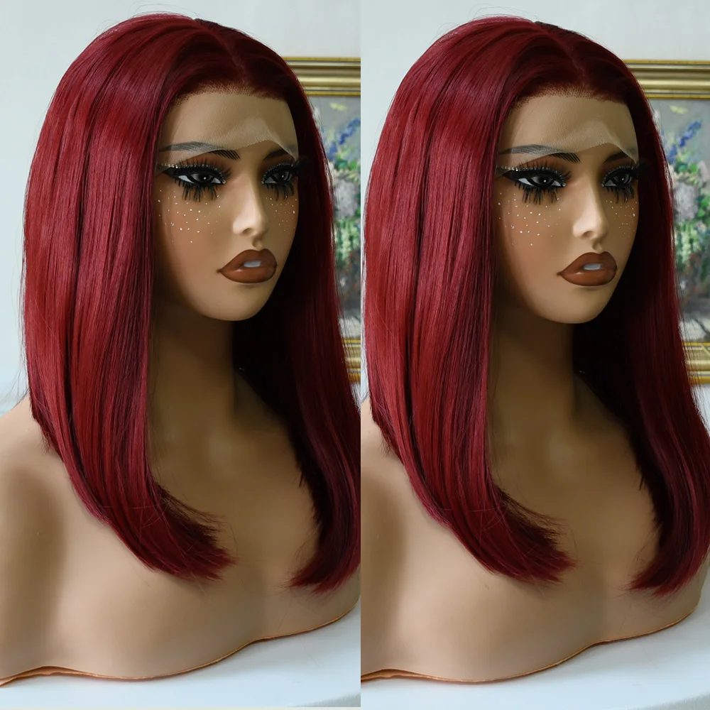 180% الكثافة 99J بورجوندي قصير بوب شعر مستعار 13X4 الدانتيل الباروكات الأمامية للنساء اللون الطبيعي الدانتيل الجبهة بوب شعر مستعار الاصطناعية قبل قطعها