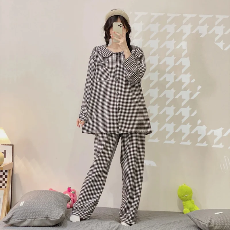 Plus Size Pajama Mujer Cherry Print Sleepwear Set Long Sleeve Top+Pants Ruffle Homewear Skin-Friendly Breathable