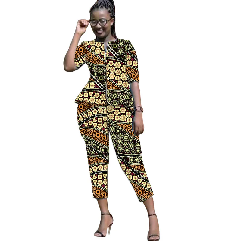 

Women Zipper Shirt Patch Cropped Trouser Nigerian Fashion Half Sleeve Tops With Pants Ankara Outfits African Wedding Wear