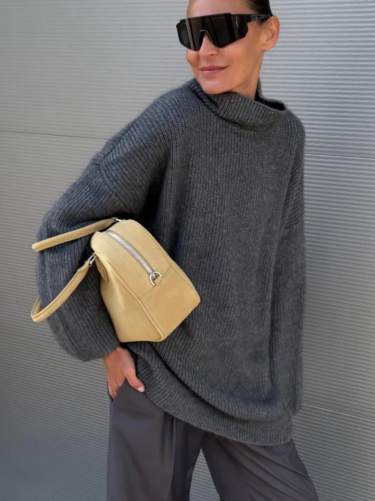 

Women Grey Turtleneck Knit Pullover Fashion Casual Chic Long Sleeve Loose Sweater Lady 2025 New Autumn Daily Commuting Pullovers