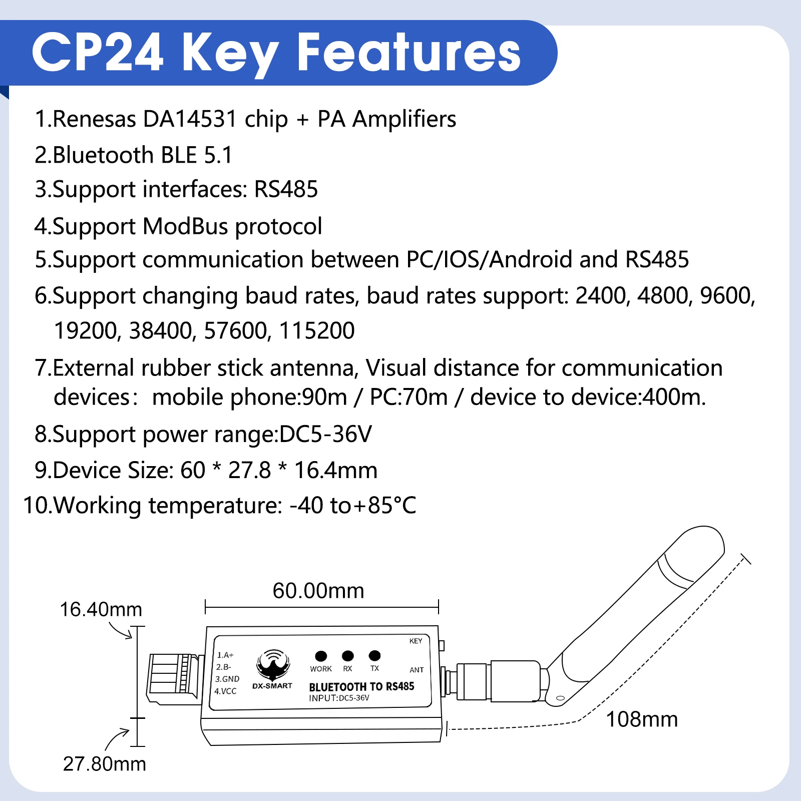 DX-CP24 Converter Wired Device to Wireless for PC RS485 to Bluetooth Serial Adapter Industrial Wireless Bluetooth Communication