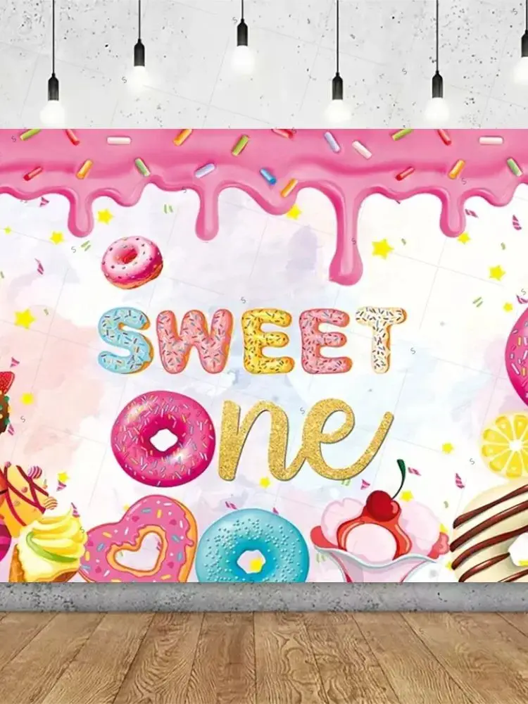 Bannière de fond thème Donut doux, décorations de fête d'anniversaire pour fille, crème glacée, Dessert, arrière-plan de photographie, fournitures de réception-cadeau pour bébé