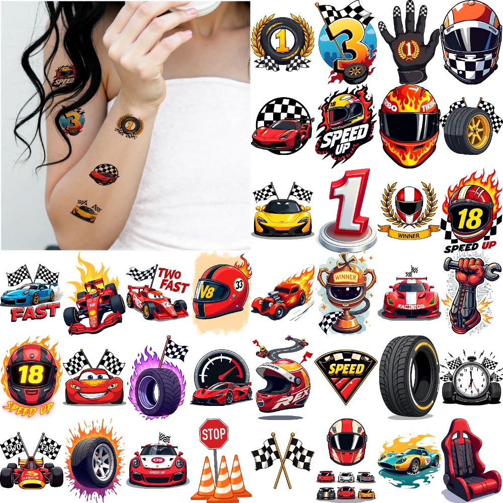 63pcs Temporary Tattoo Racing Car Tattoos Temporary Tattoo Stickers Checkered Flag Tattoos Cartoon For Cheeks Women