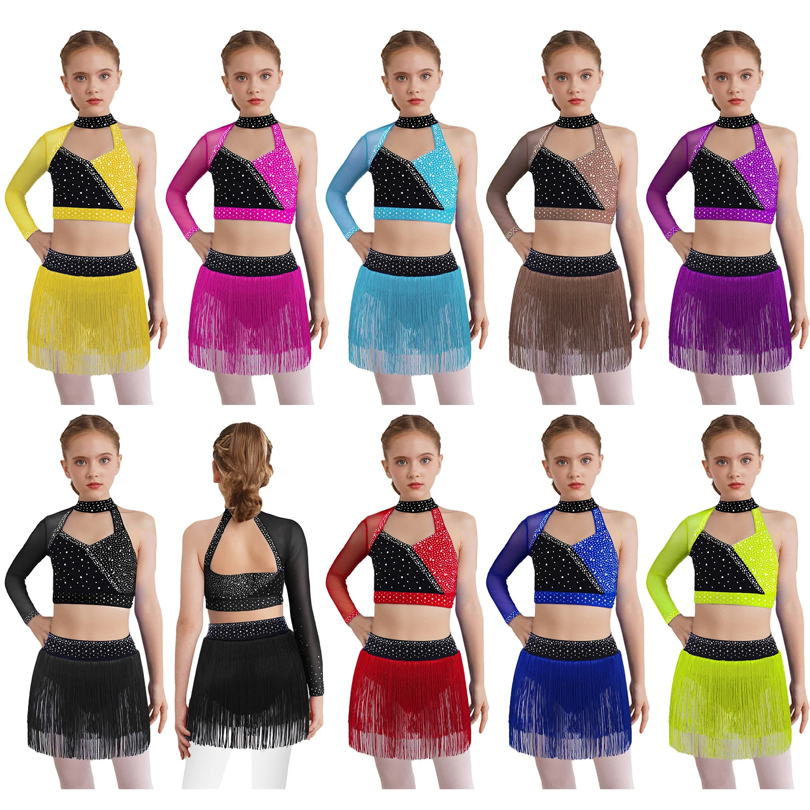 Tenue de danse Tango latine pour filles, Costume professionnel de danse de salle de bal cha-cha Samba Salsa, asymétrique épaule dénudée, haut court + jupe slip