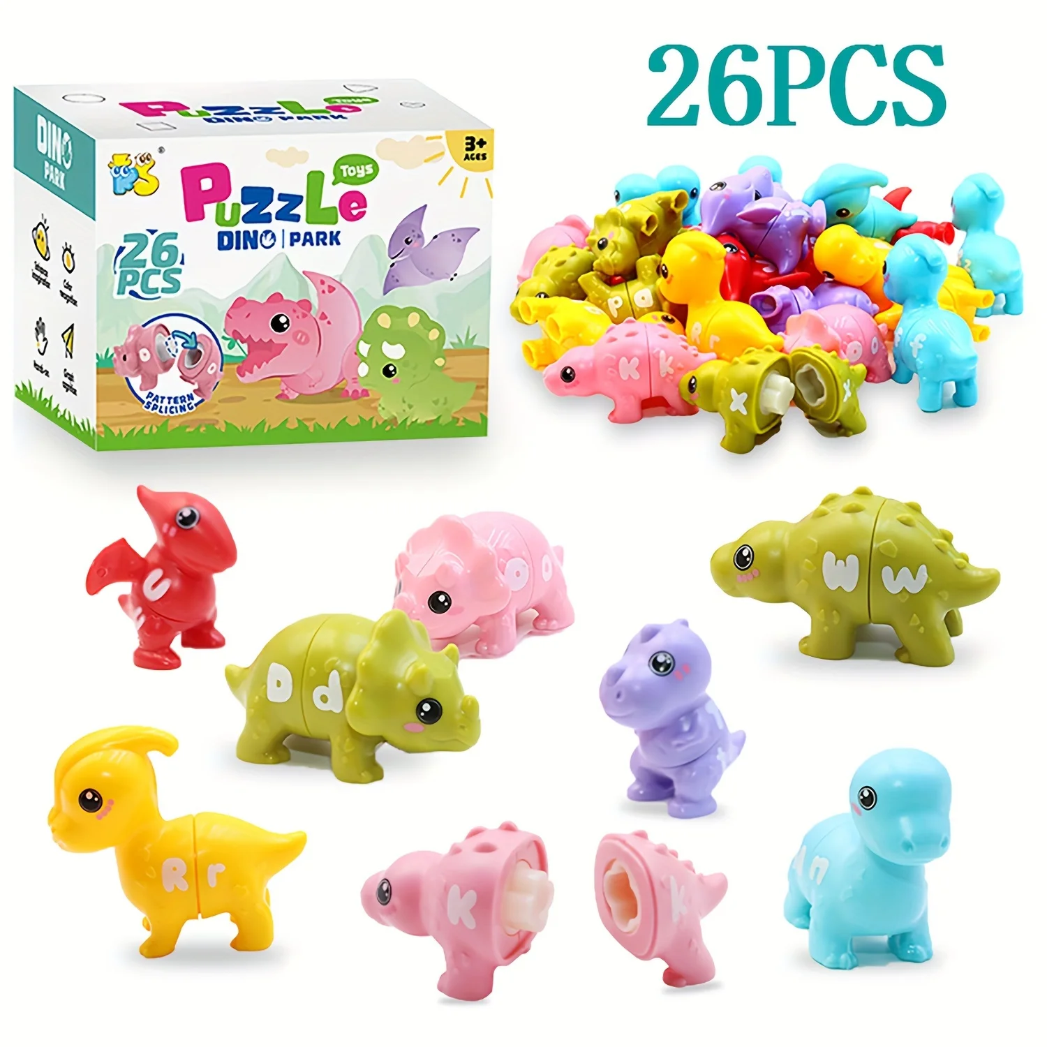 26 Pcs/Set Montessori, Alphabet Reversible Dinosaur Toys, Color Shape Cognition Matching Game, Early Learning Educational Toys