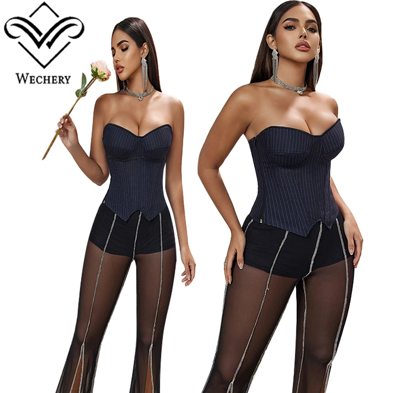 Wechery Woman Clothing Slim-Fit Corset Fishbone Striped Strapless Top Side Zipper Urban Women's Fashion Items